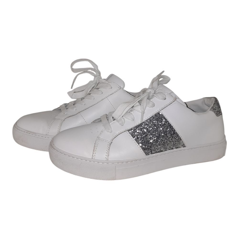 Greats Brooklyn White and Silver Glitter Sneakers